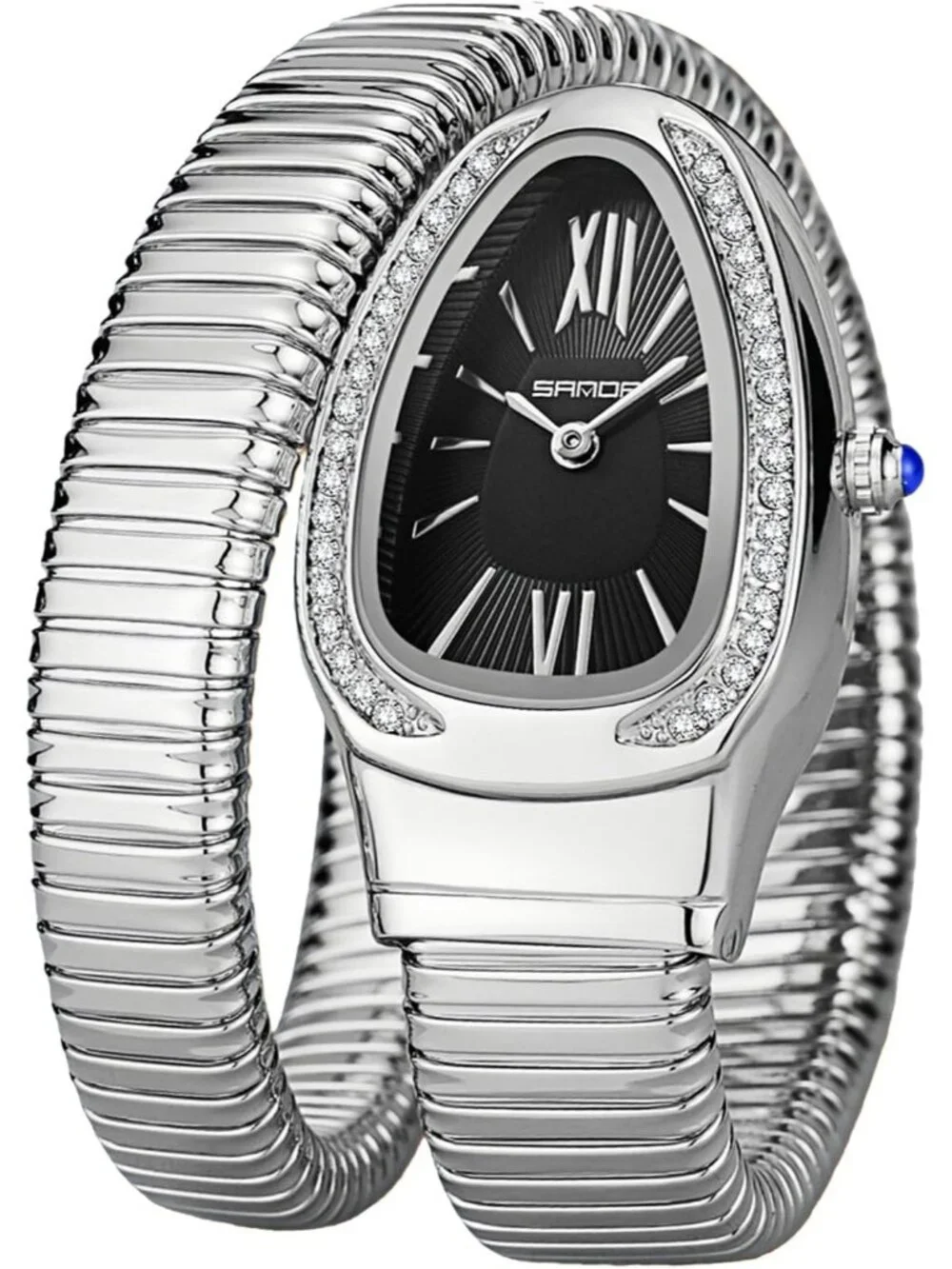 Women's Silver Black Elegant Wrap Around Bangle Fashion Snake Cuff Wrist Watches